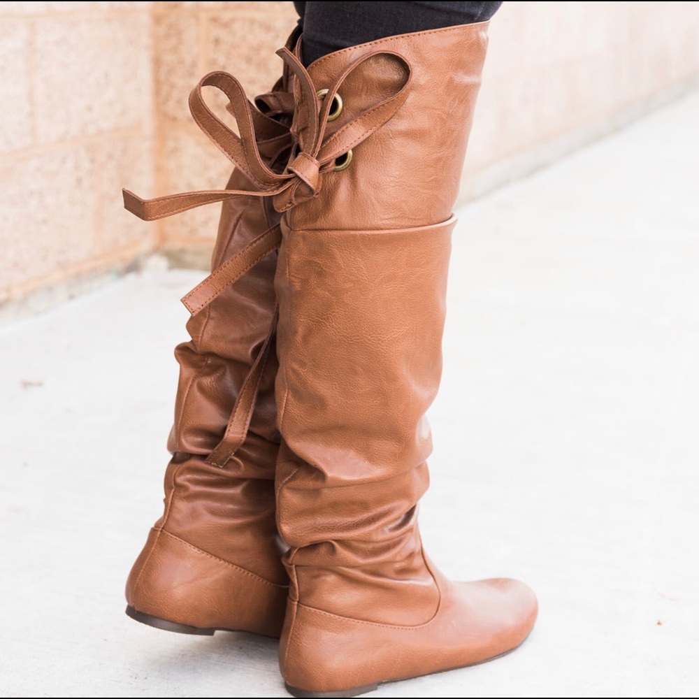 NWB Cognac Over The Knee Slouchy Bow Back Boots